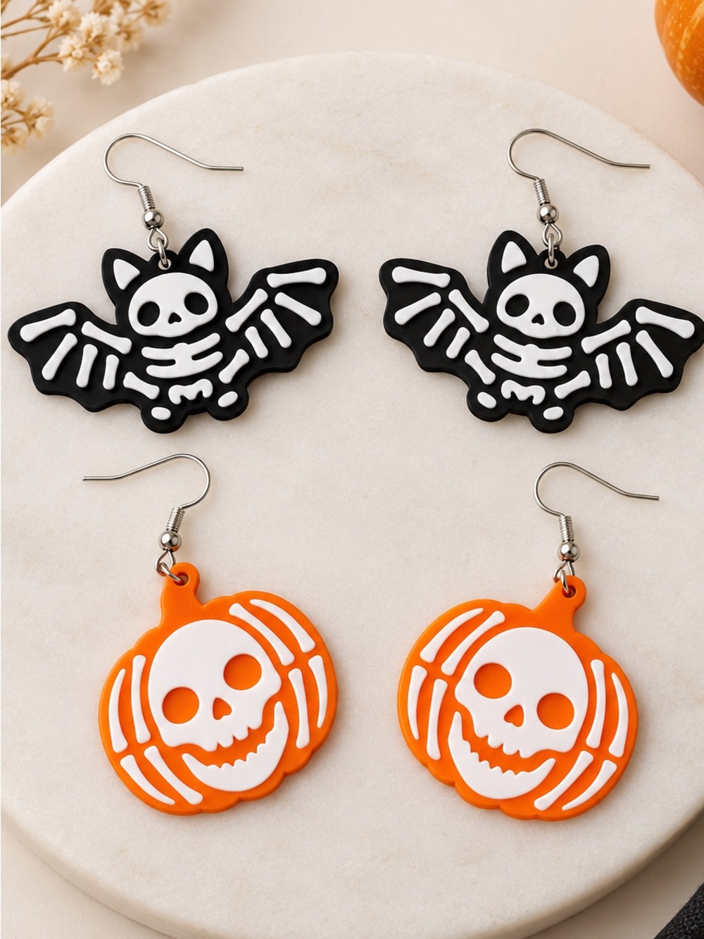 Halloween Pumpkin & Bat Dangle Earrings Set - Orange & Black